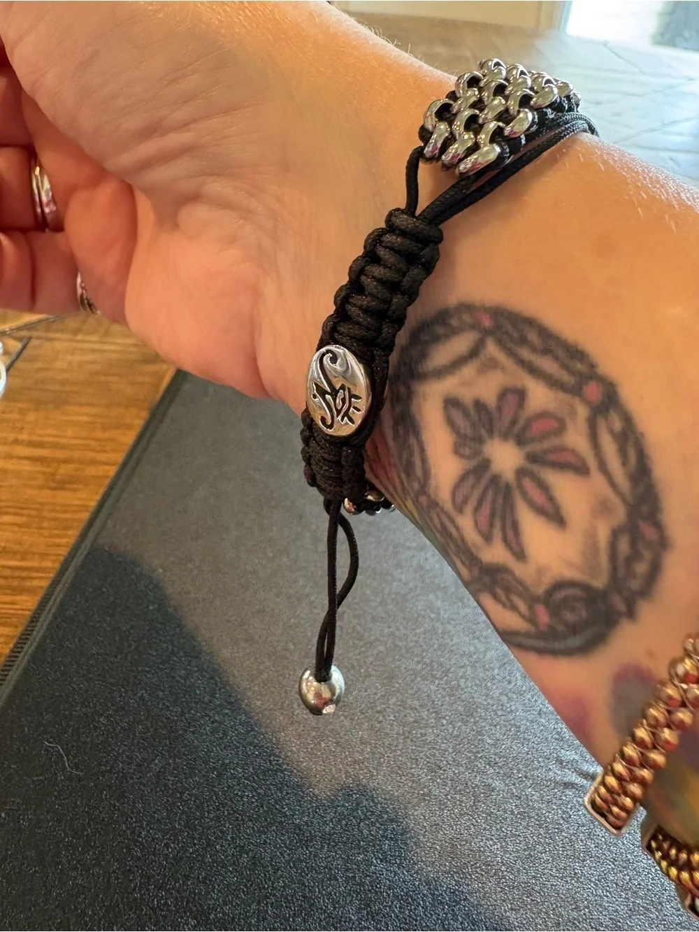 Braided Silver-Tone Chain Bracelet with Black Cord - Picture 3 of 3